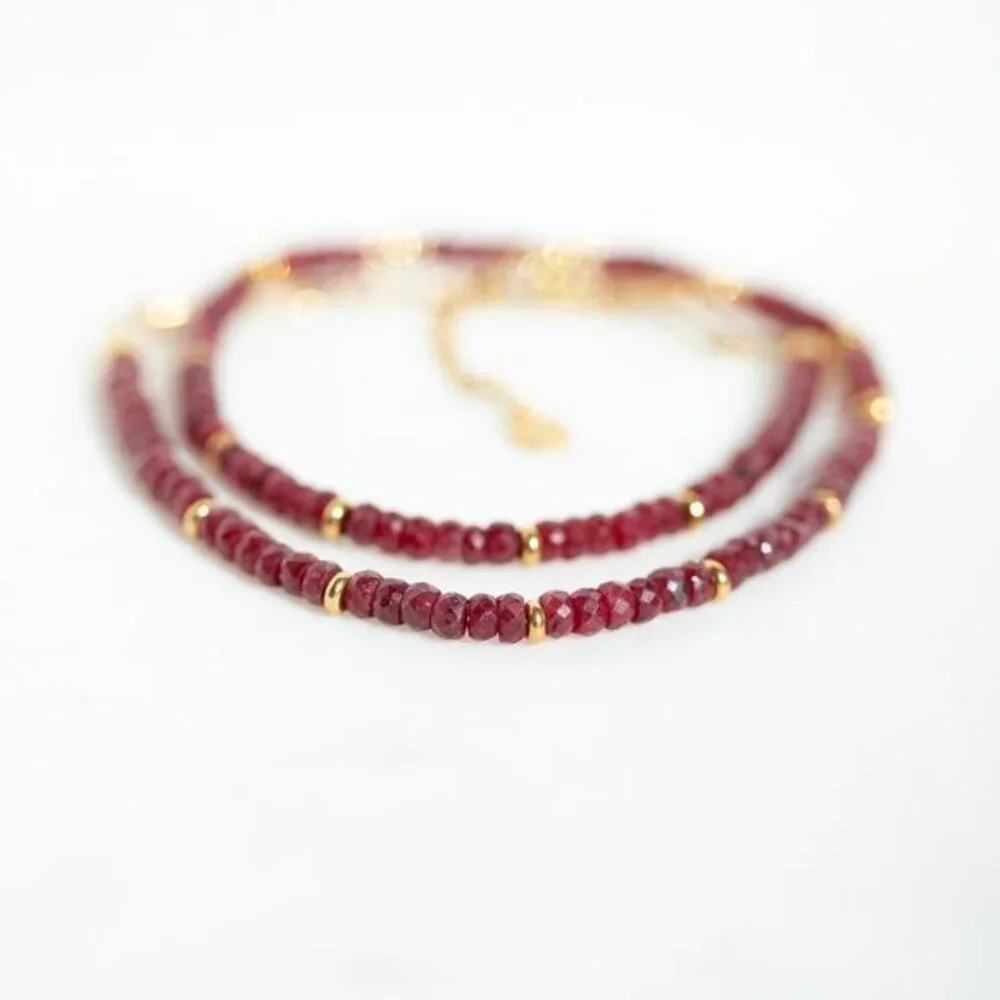Ruby Beaded Necklace Gold Waterproof Chain July Birthstone Ruby Gemstone Jewelry - Picture 7 of 14